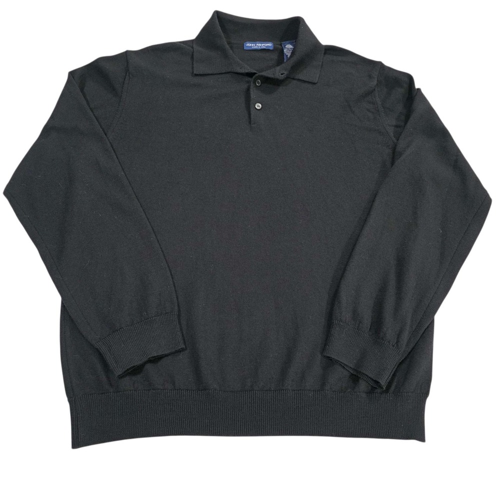 JOHN ASHFORD Mens Merino Wool Long Sleeve Polo Sweater Black Size L Made in Ital